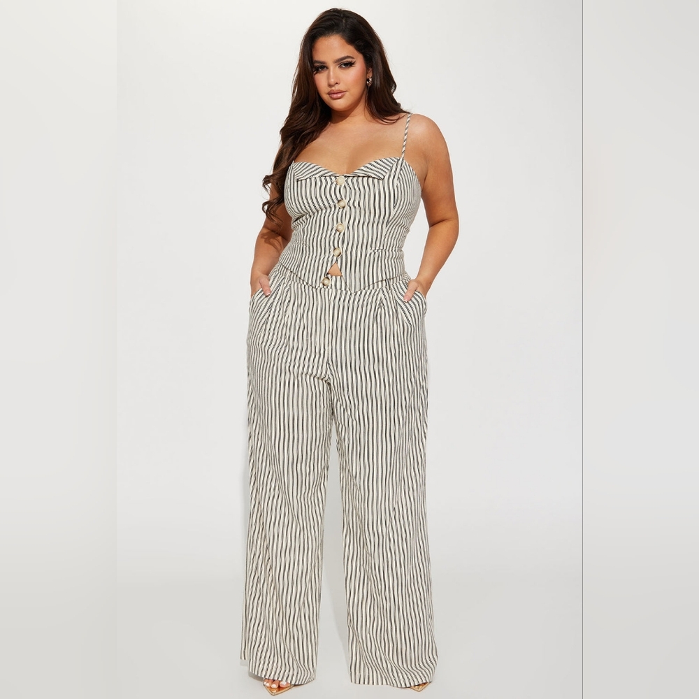 Fashion Nova Black and White Striped Wide-Leg Jumpsuit